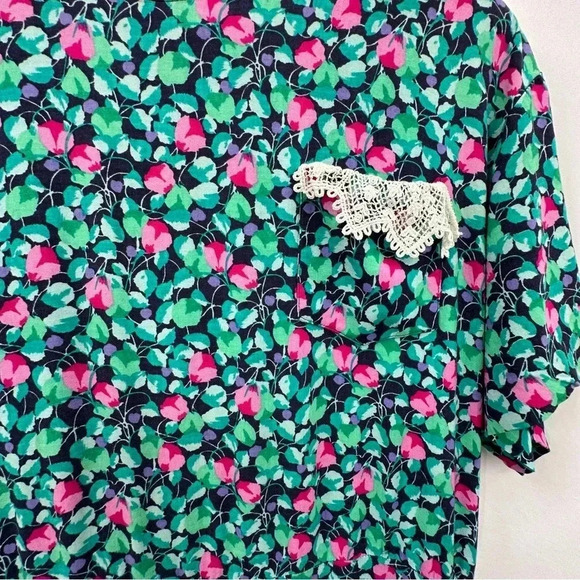 Annabelle Croft Vintage Midi Dress 12 Green Pink Short Sleeve Button Zip Closure - Picture 3 of 10